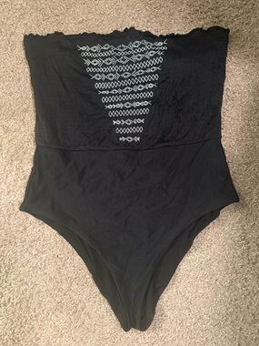 aerie Black One-Piece Swimsuit with White Embroidered Front